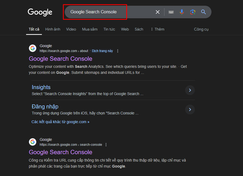 Bạn có thể tìm kiếm cụm từ "Google Search Console" trực tiếp trên Google để truy cập vào công cụ này