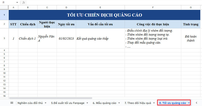 Cập nhật các điều chỉnh chiến dịch Facebook Ads tại Sheet Tối ưu quảng cáo