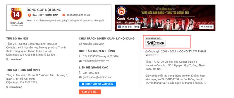 Trang tin Kênh 14 có backlink footer cho VCcorp