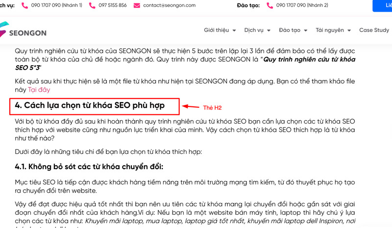 Từ khoá trọng tâm “Lựa chọn từ khoá SEO” xuất hiện ở thẻ H2