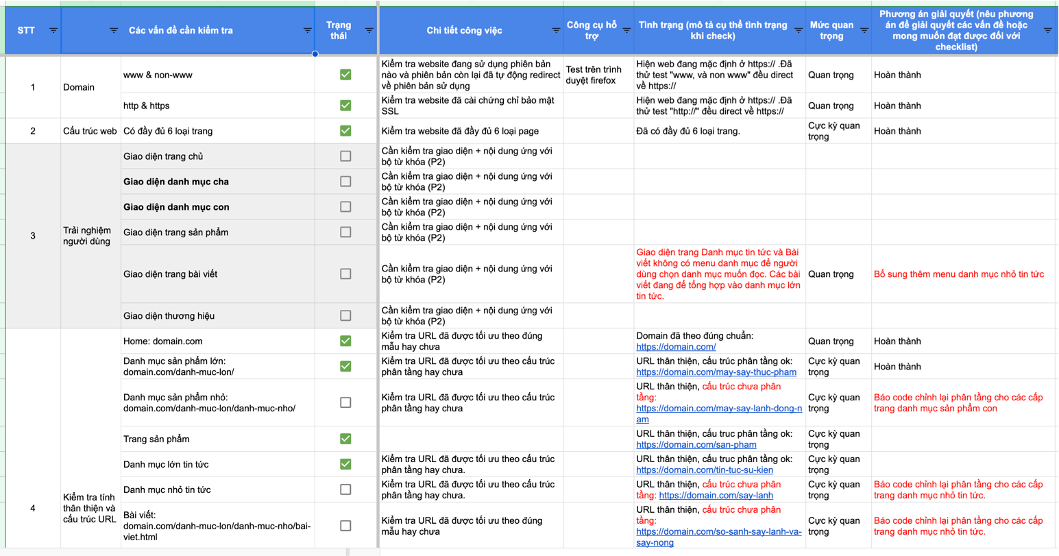 Kết quả của file Onpage trong kế hoạch seo để xử lý lỗi Technical SEO