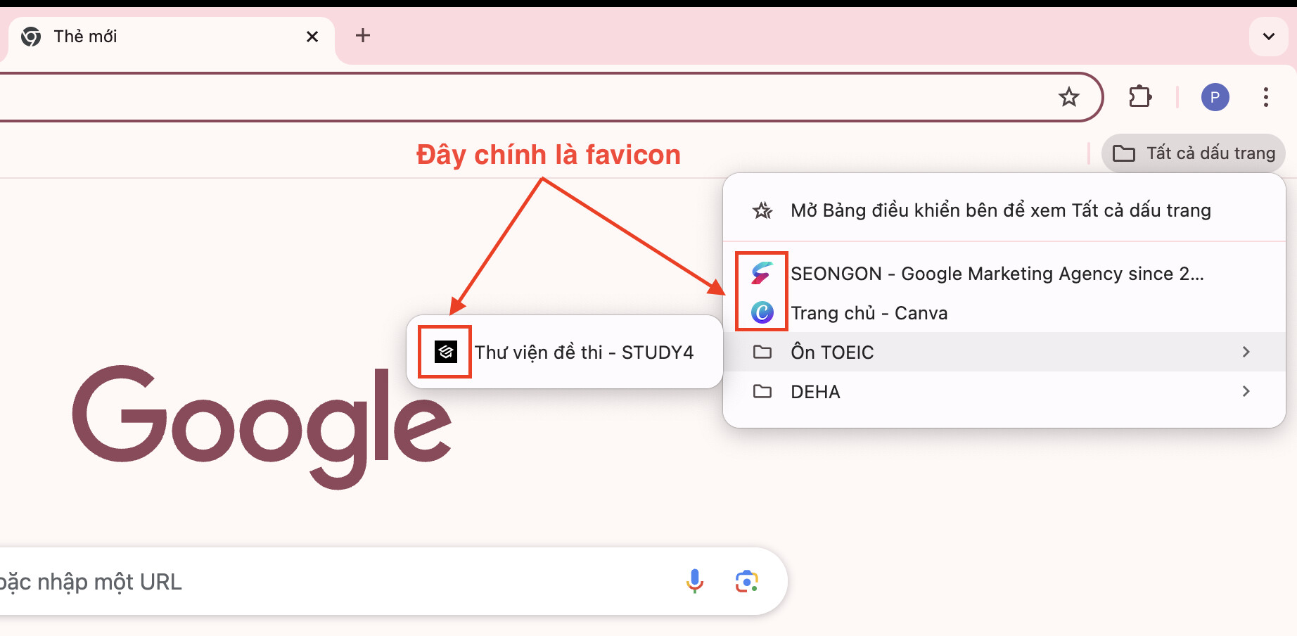 Bạn có thể nhận thấy favicon bên cạnh tiêu đề trang trong bookmarks