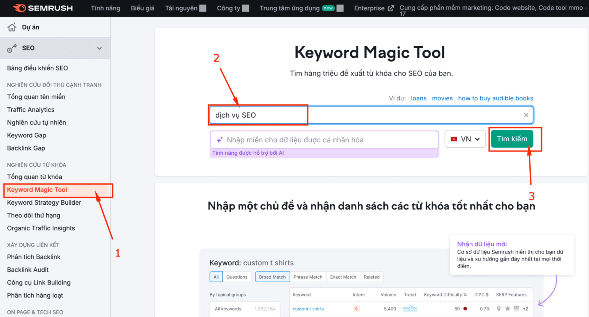 Các bước tiến hành xử dụng Keyword Magic Tool