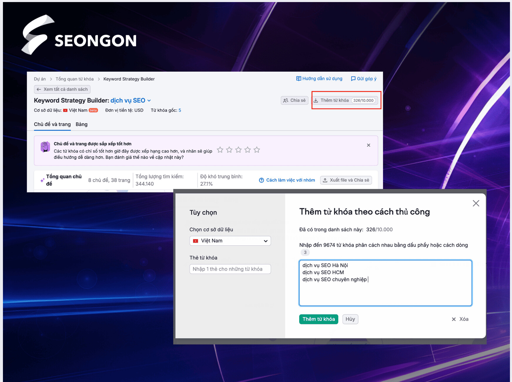 Cách thêm từ khoá cho Keyword Strategy Builder