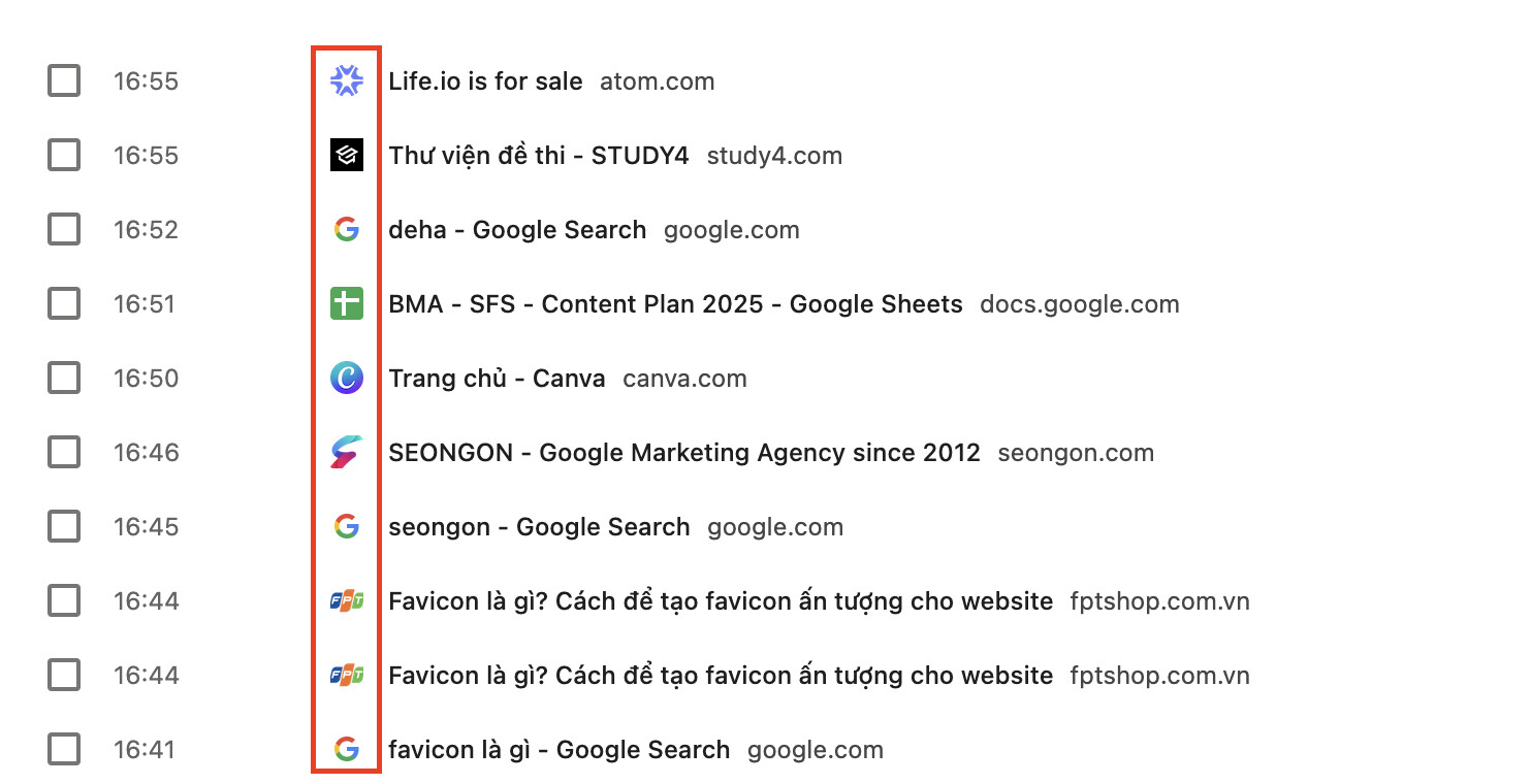 Favicon được hiển thị trong phần lịch sử trình duyệt web