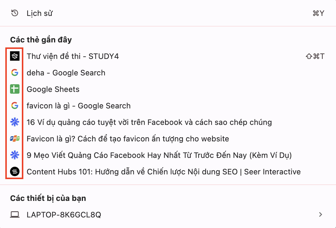 Favicon xuất hiện tại menu thả xuống của phần lịch sử duyệt web