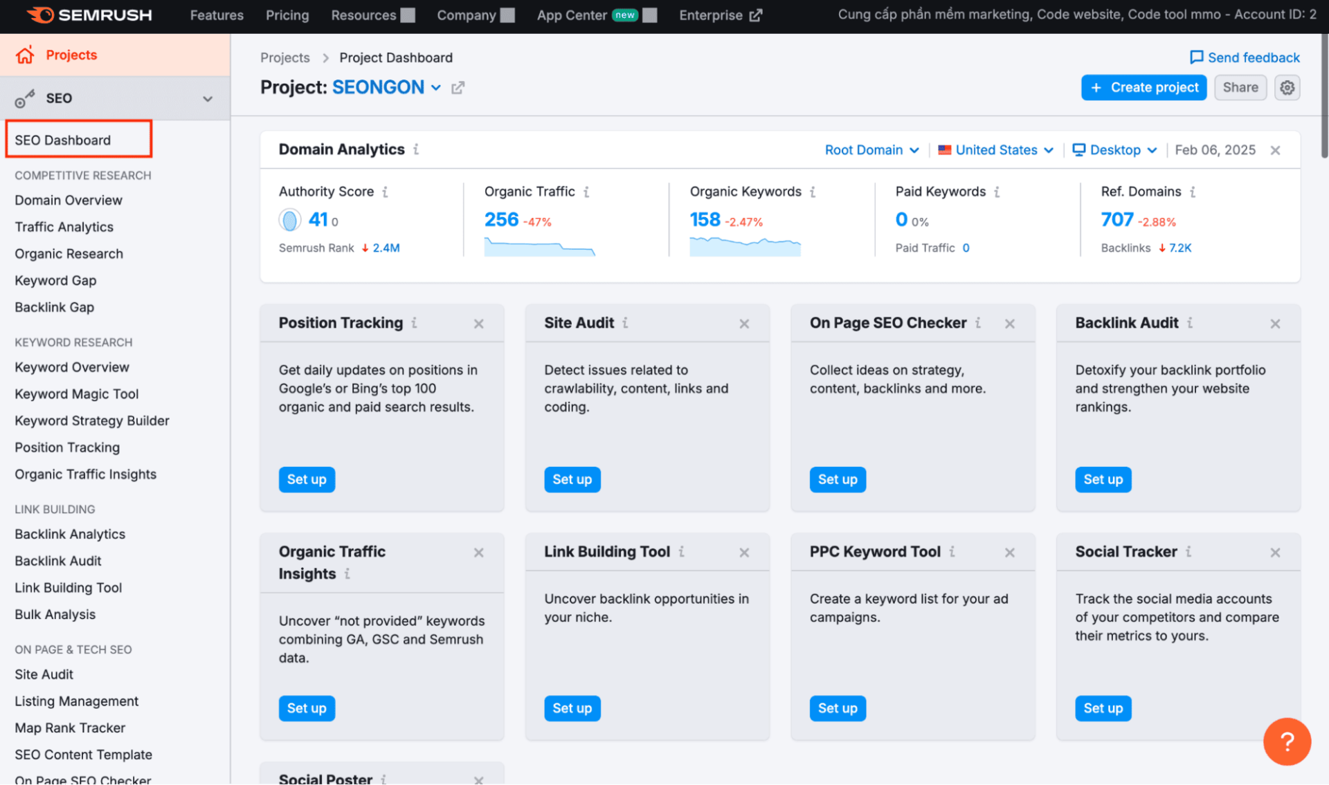 Giao diện SEO Dashboards của SEMrush