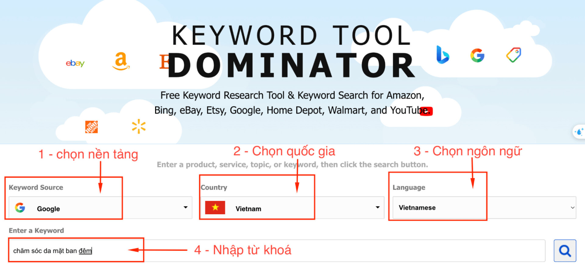 Nhập từ khoá và bắt đầu nghiên cứu với Keyword Tool Dominator