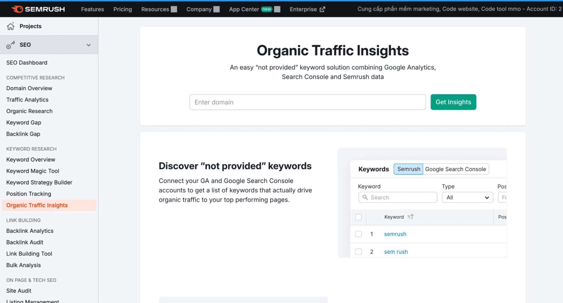 Organic Traffic Insights cung cấp thông tin về lưu lượng truy cập tự nhiên của website