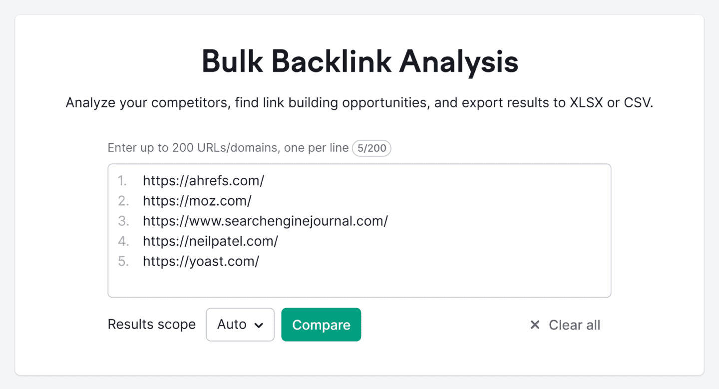 Phân tích hàng loạt với Bulk Backlink Analysis