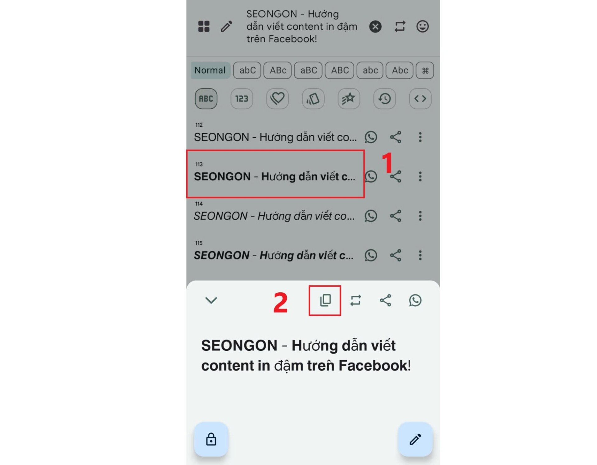 Copy kiểu chữ in đậm đã chọn