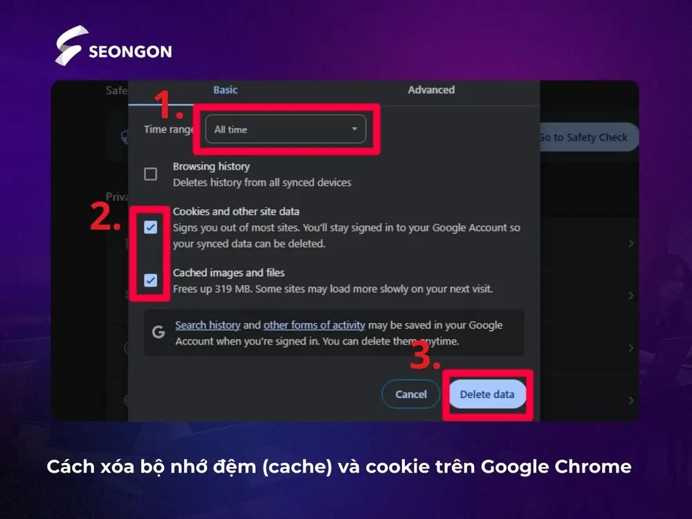 Cách xóa cache và cookies trên Chrome để xử lý lỗi 503