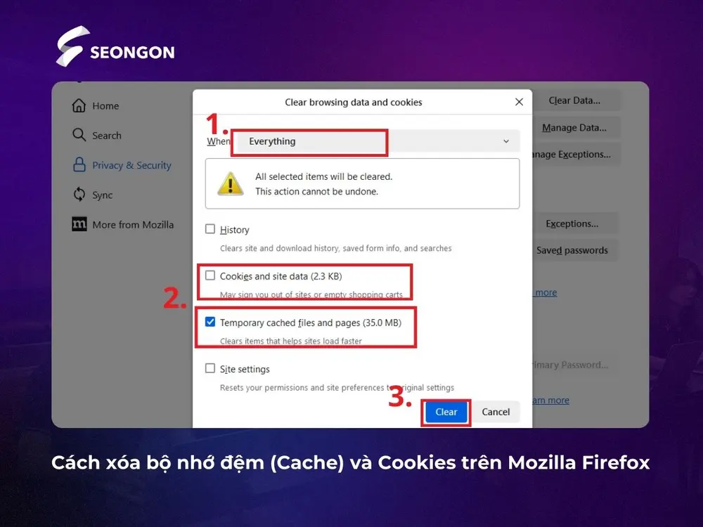 Cách xóa cache và cookies trên Firefox để xử lý lỗi 503