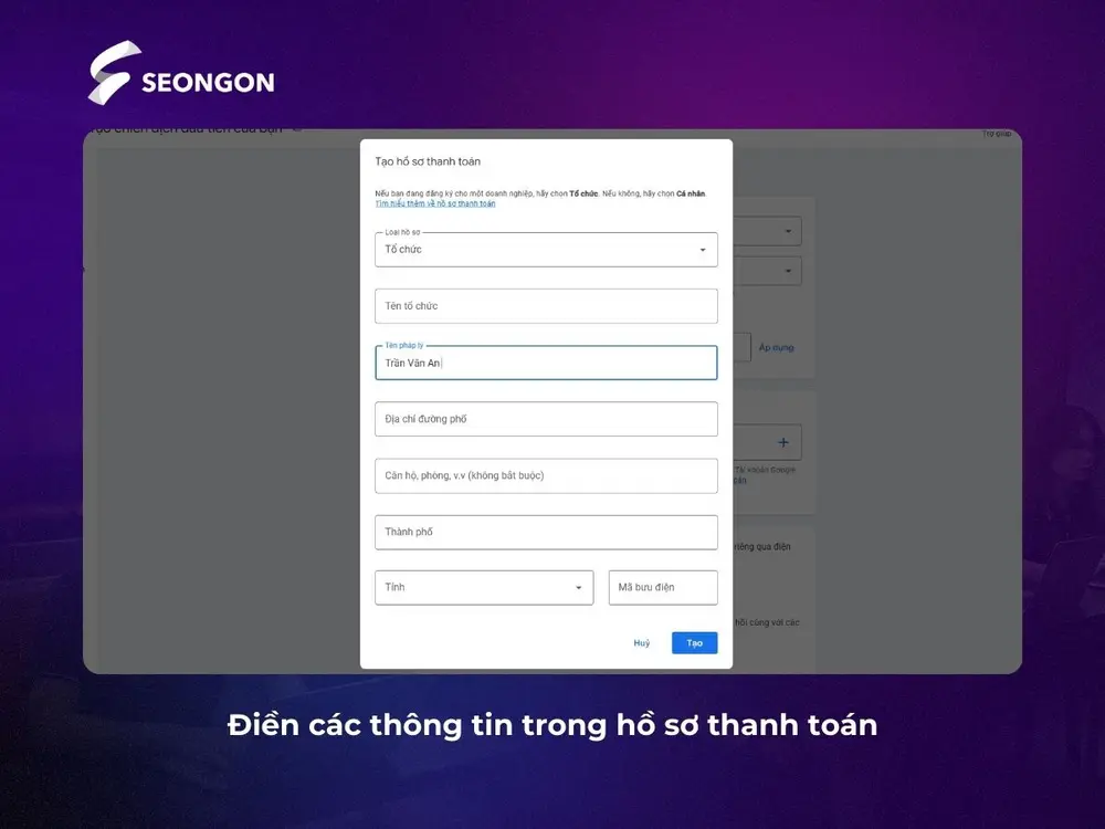 Điền thông tin bắt buộc theo yêu cầu