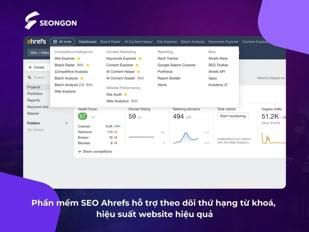 Phần mềm SEO Ahrefs hỗ trợ theo dõi thứ hạng từ khoá, hiệu suất website hiệu quả