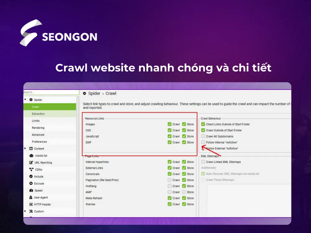 Tính năng Crawl cho phép thu thập dữ liệu như URL, tiêu đề trang, mô tả meta