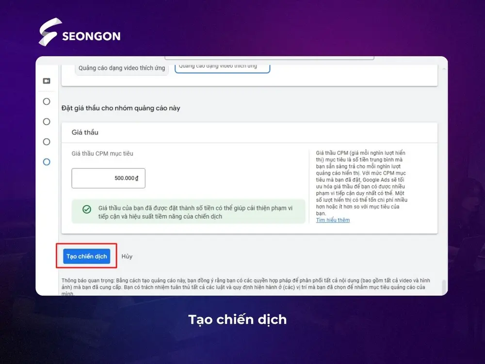 Bấm Tạo chiến dịch để gửi Bumper Ads Youtube