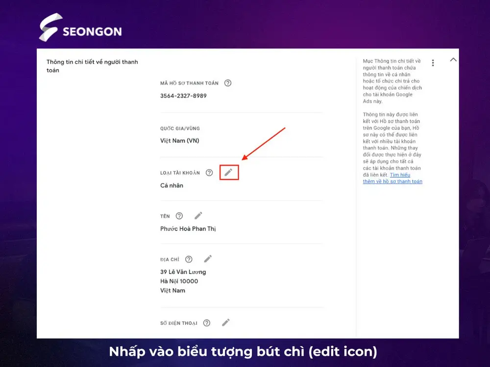 Bấm vào biểu tượng bút chì để thay đổi hồ sơ thanh toán Google Ads