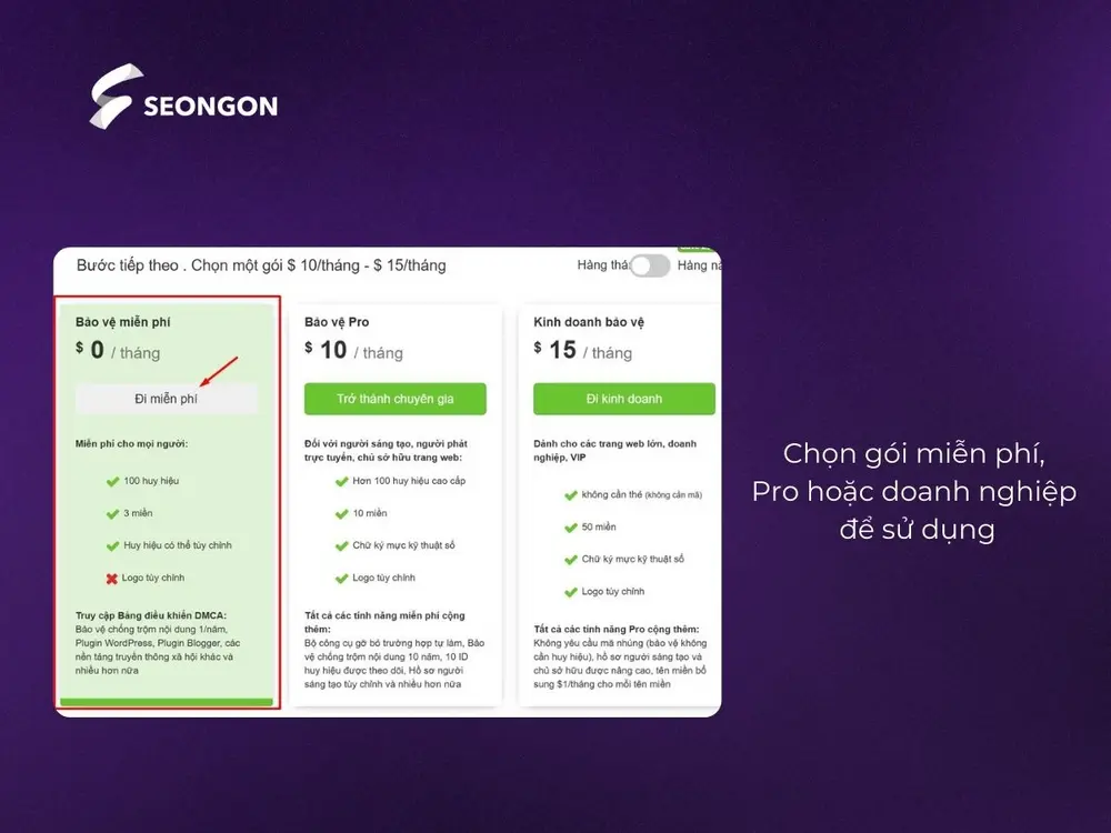 Bước 2: Chọn gói dịch vụ sử dụng