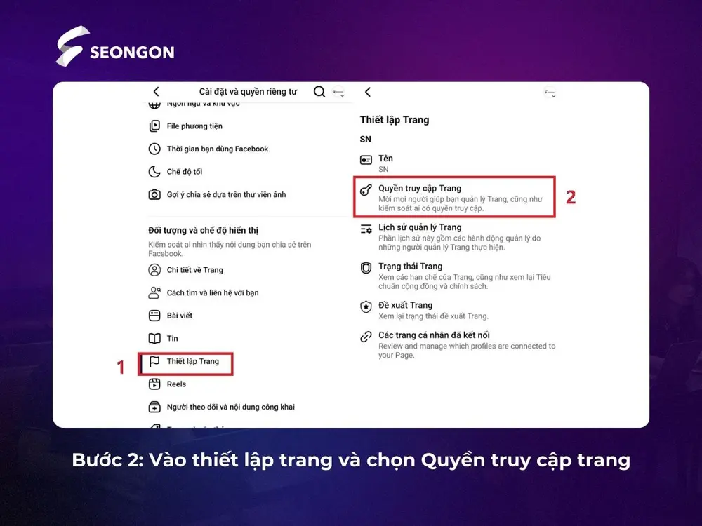 Bước 2: Chọn thiết lập trang và quyền truy cập trang