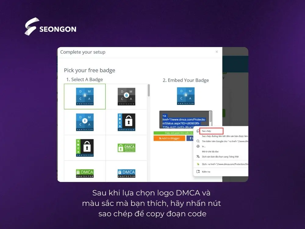 Bước 3: Chọn biểu tượng (Badge) bảo vệ DMCA