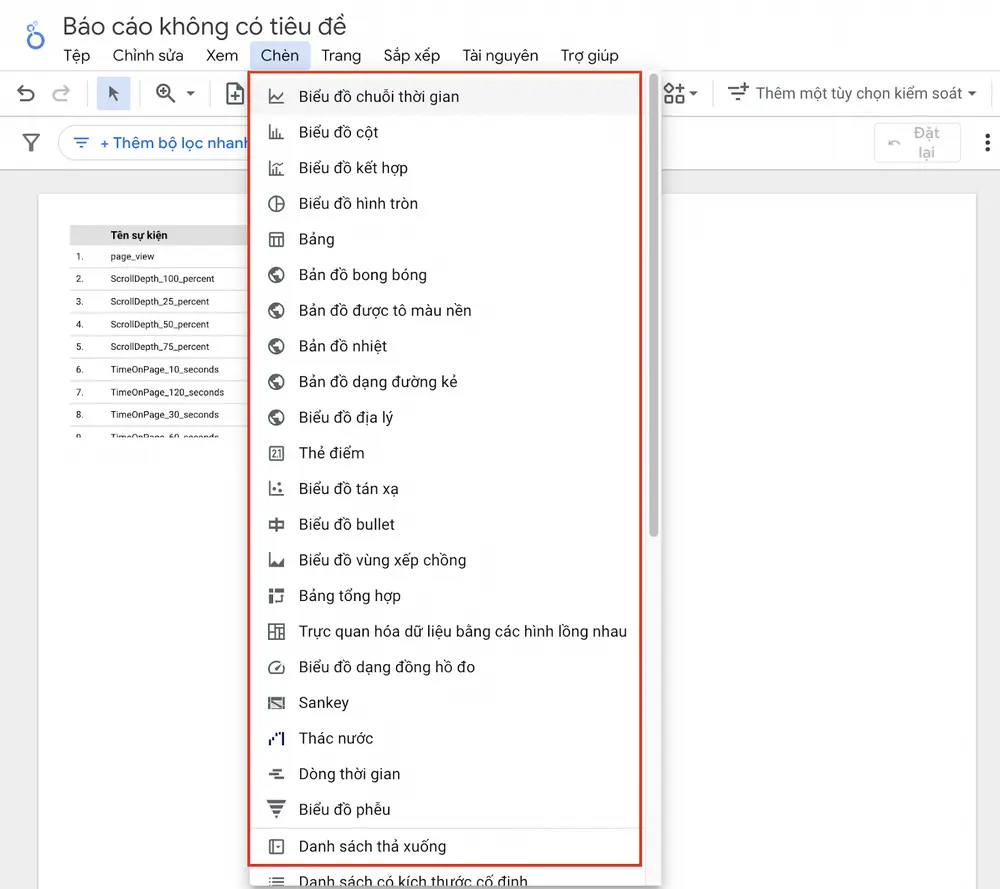Chèn biểu đồ vào báo cáo Looker Studio