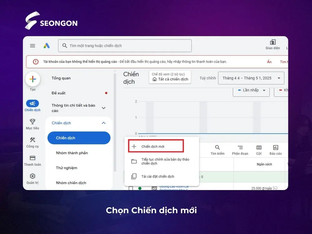 Chọn Chiến dịch mới để tạo quảng cáo Bumper Ads