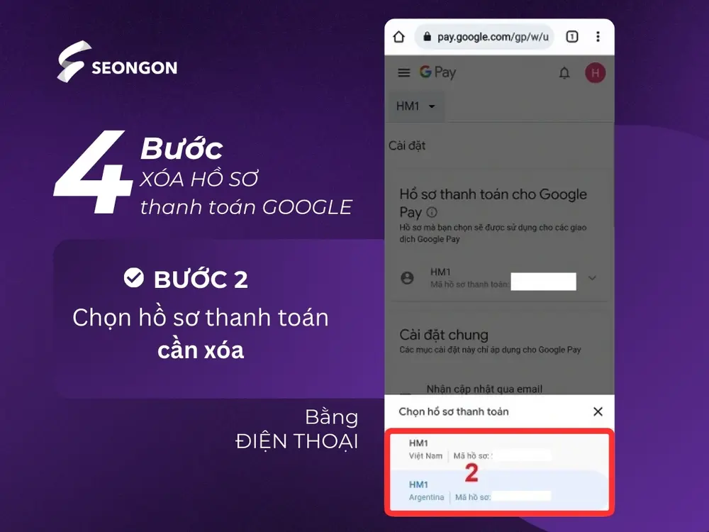 Chọn hồ sơ thanh toán cần xoá trên Trung tâm thanh toán Google