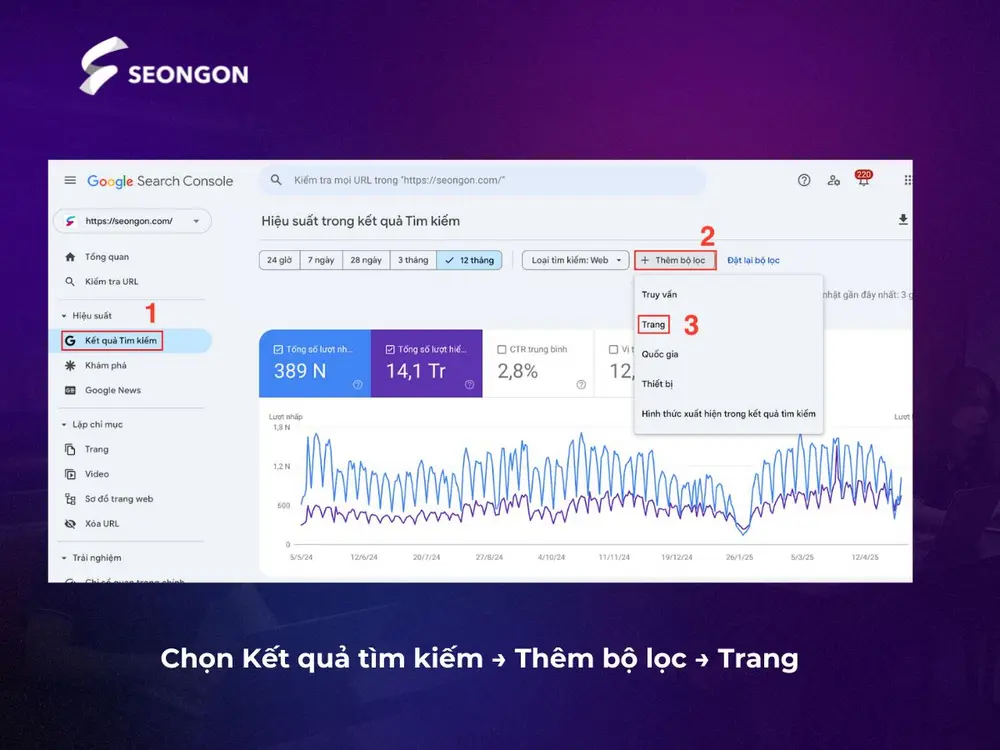 Chọn Kết quả tìm kiếm → Thêm bộ lọc → Trang