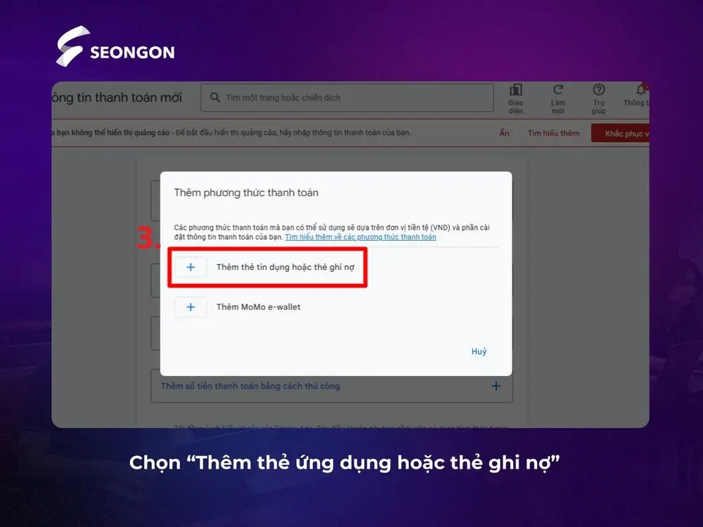 Chọn “Thêm thẻ ứng dụng hoặc thẻ ghi nợ”