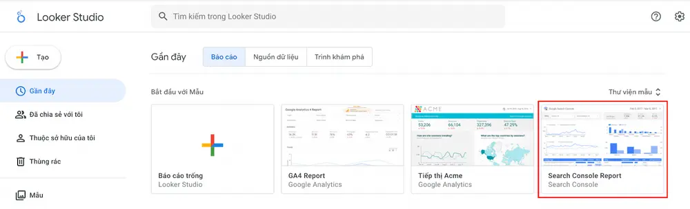 Chọn mẫu báo cáo có sẵn trong Looker Studio