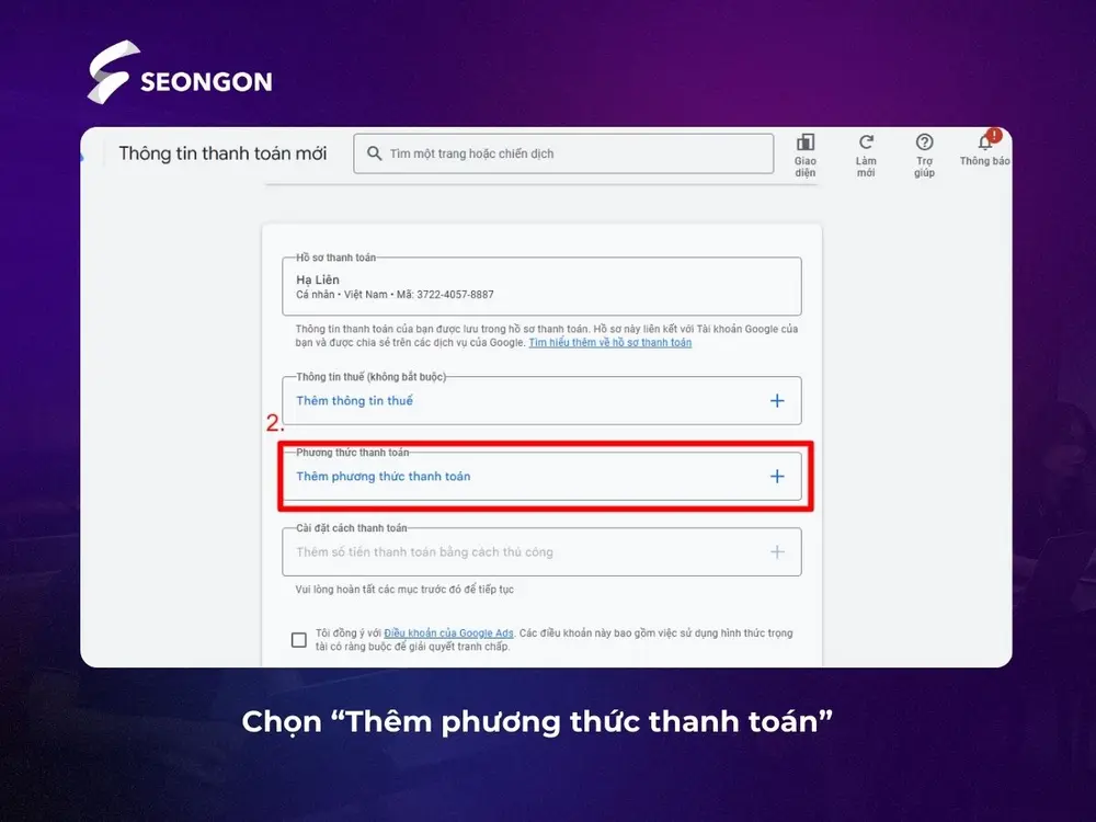 Chọn Thêm phương thức thanh toán