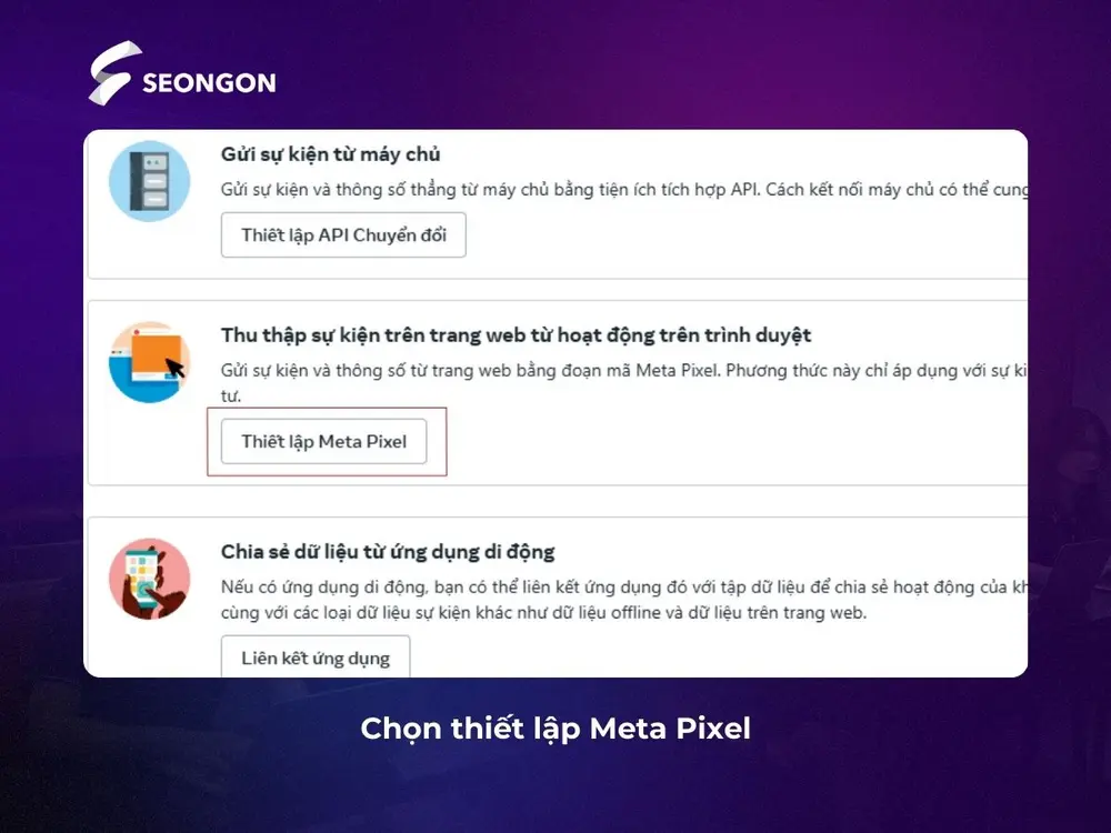 Chọn thiết lập Meta Pixel