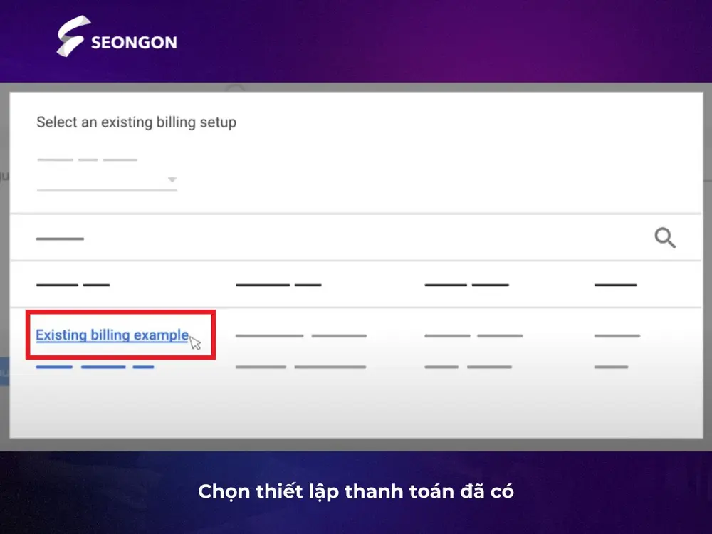 Chọn thiết lập thanh toán đã có