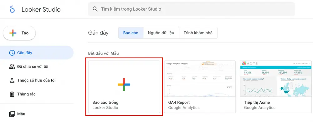 Chọn vào biểu tượng dấu cộng để thêm báo cáo mới trên Looker Studio