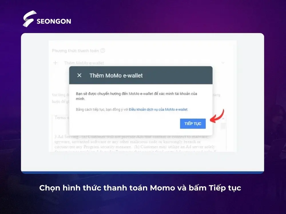 Chọn ví Momo và bấm Tiếp tục