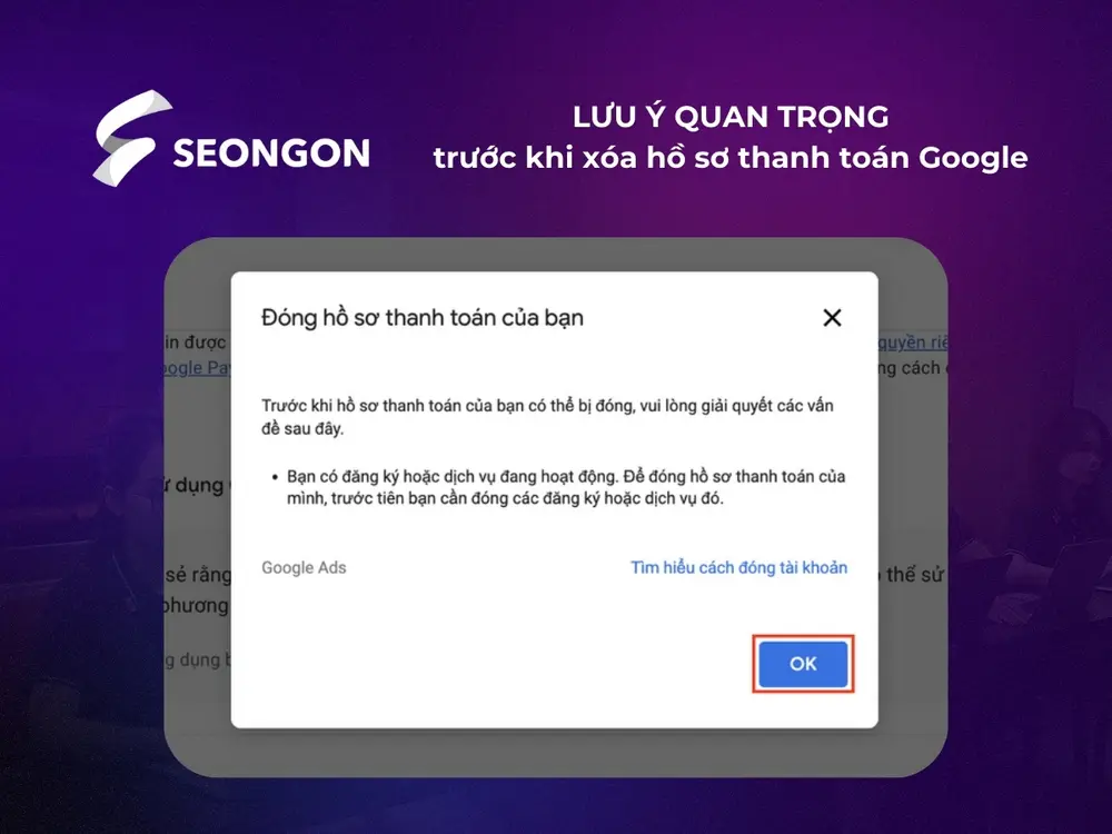 Đảm bảo hồ sơ thanh toán bạn muốn xóa không liên kết với bất kỳ dịch vụ khác