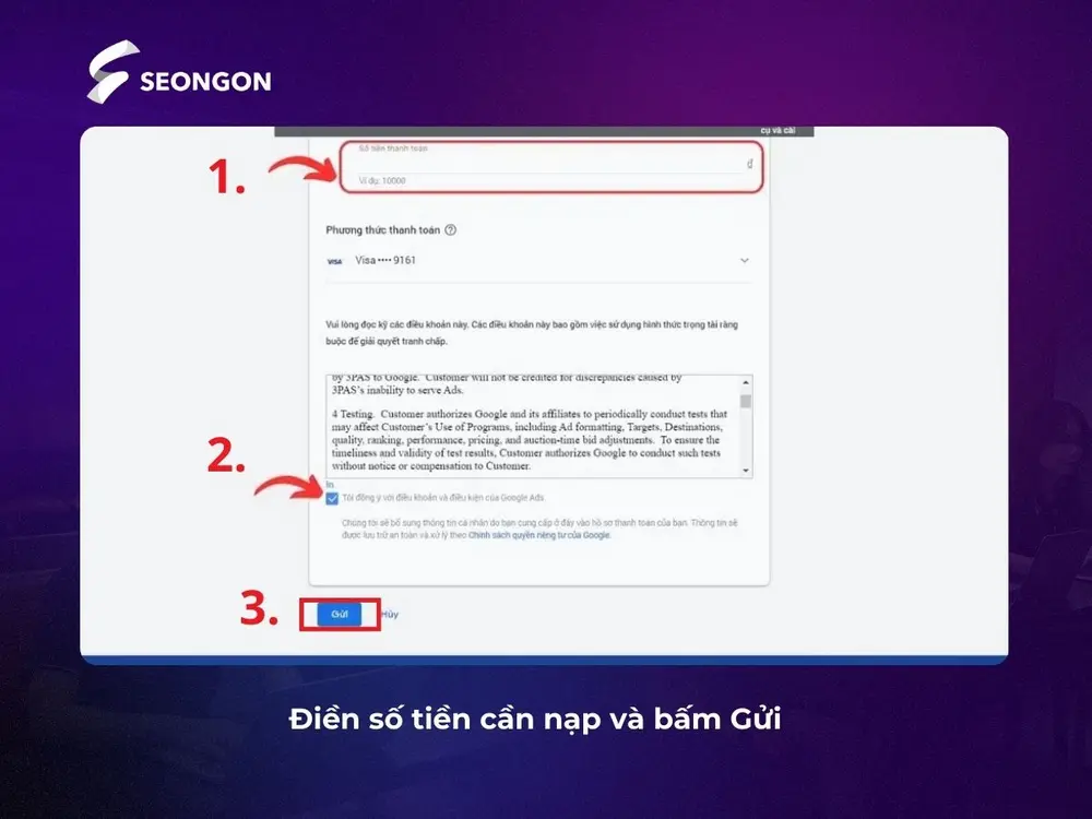 Điền số tiền cần nạp và Gửi