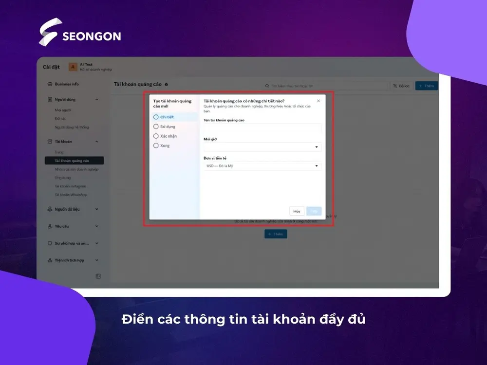 Điền thông tin cho tài khoản quảng cáo mới