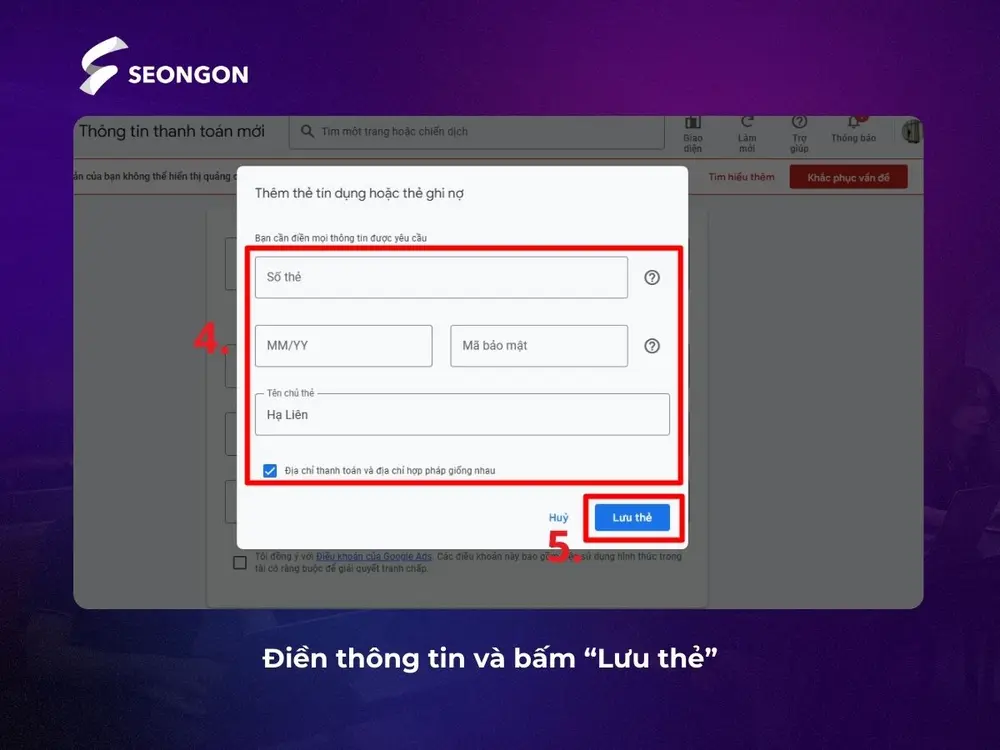 Điền thông tin thẻ và bấm “Lưu thẻ”