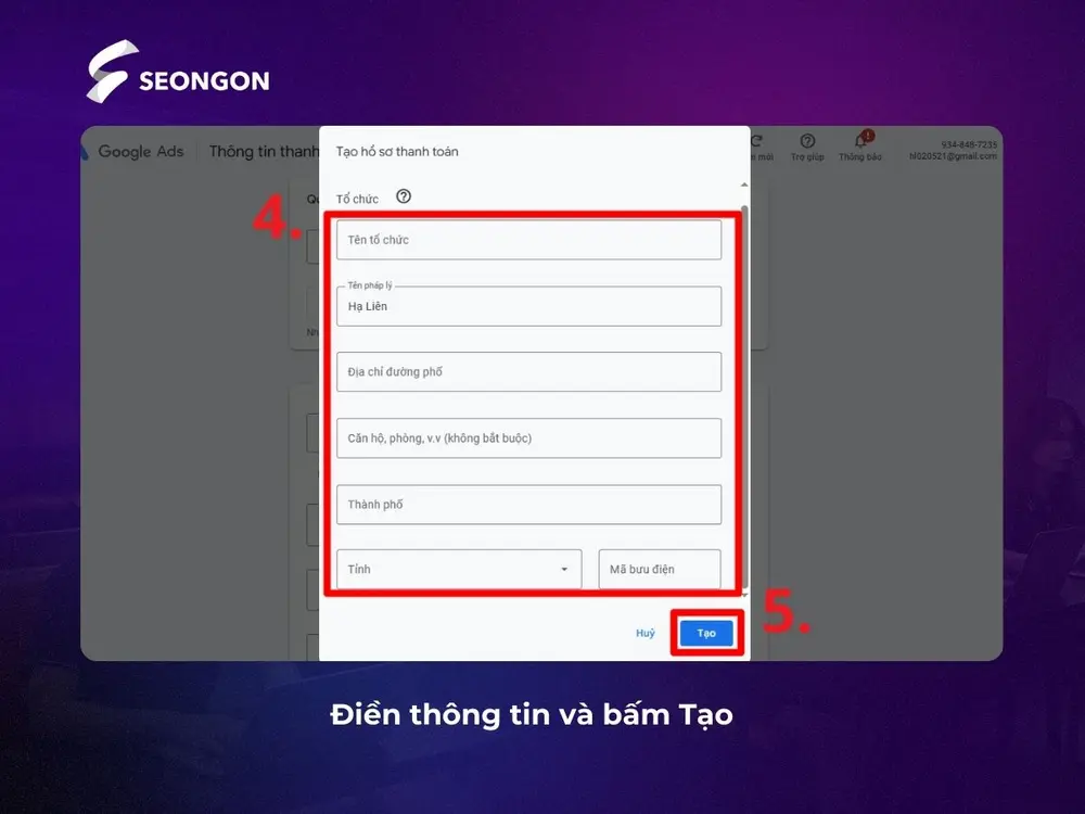 Điền thông tin và bấm Tạo
