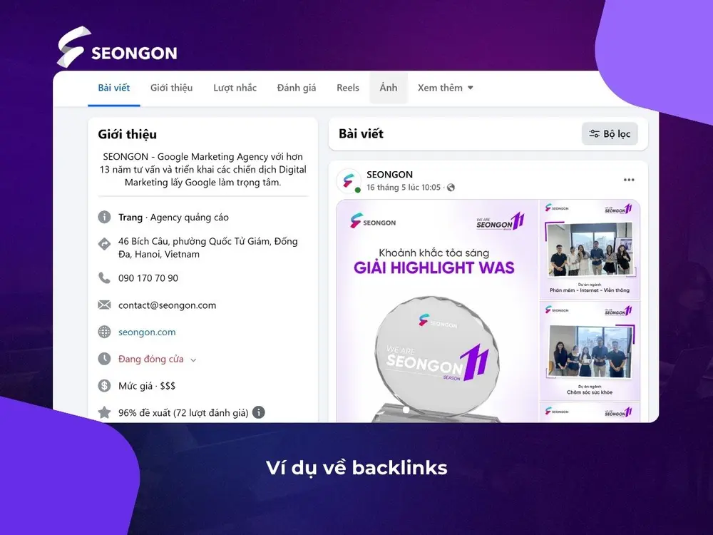 Fanpage SEONGON gắn backlinks là website của SEONGON trên phần giới thiệu và các bài viết