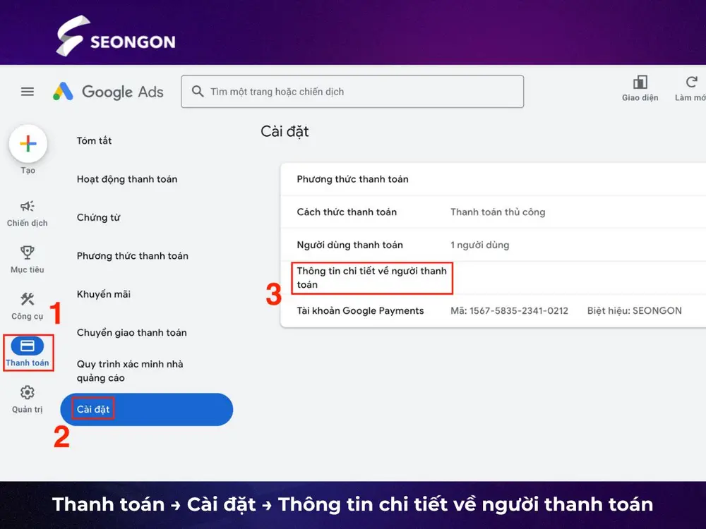Hướng dẫn thao tác thay đổi hồ sơ thanh toán Google Ads