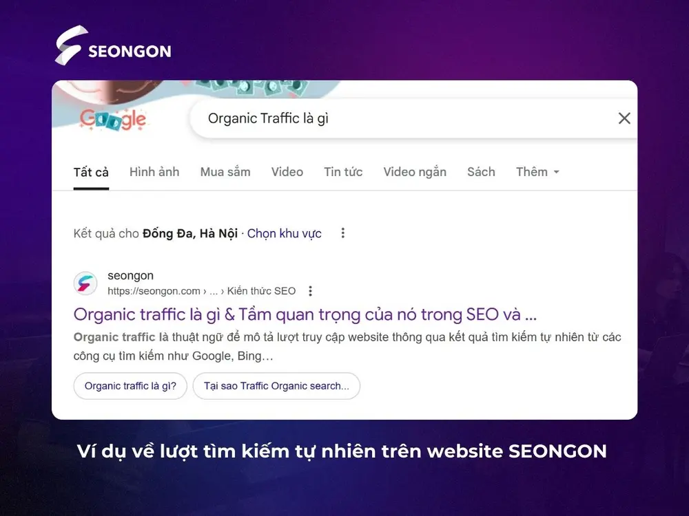 Khi bạn nhấn vào trang kết quả (SEONGON) mà không phải đề xuất quảng cáo, thì đây là một lượt Organic Traffic