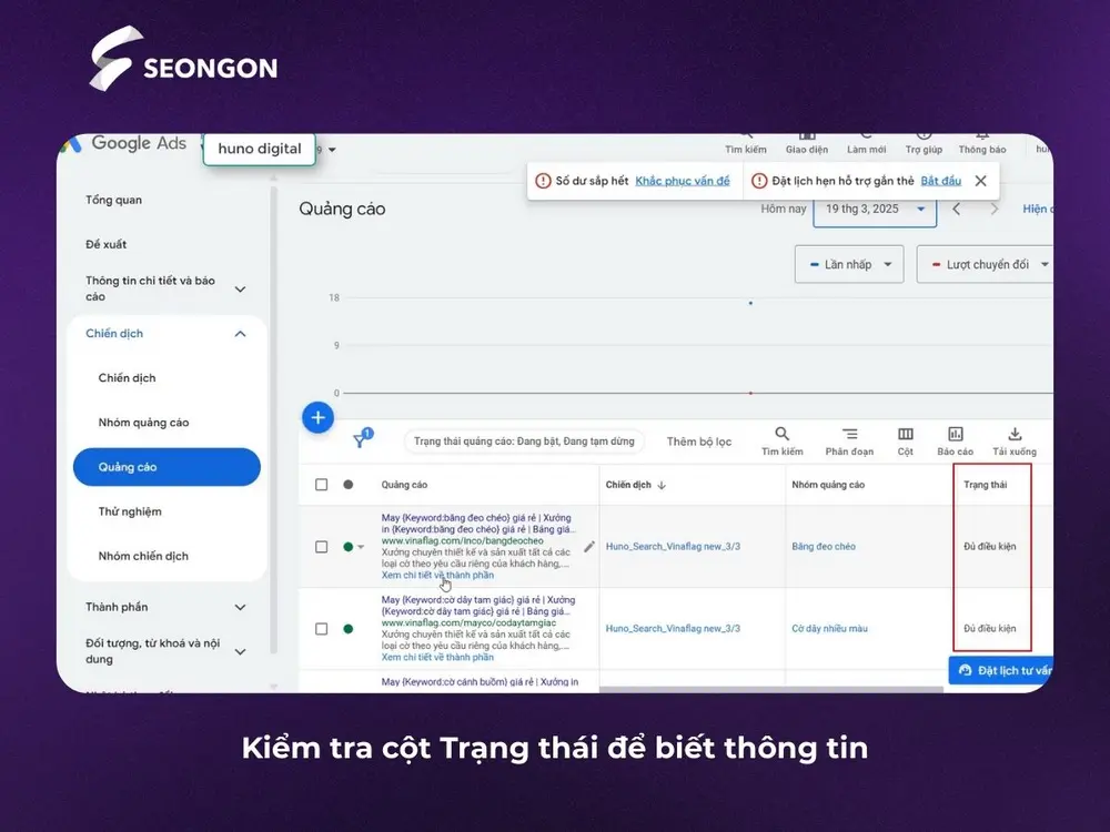 Kiểm tra trạng thái quảng cáo hoặc nhóm quảng cáo tại cột trạng thái