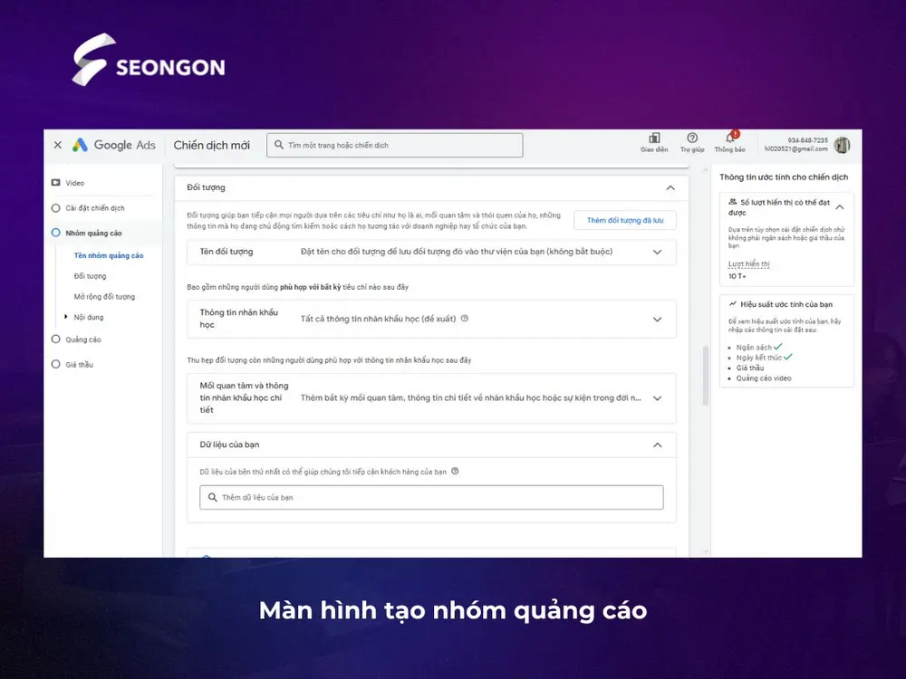 Màn hình Tạo nhóm quảng cáo Bumper Ads Youtube
