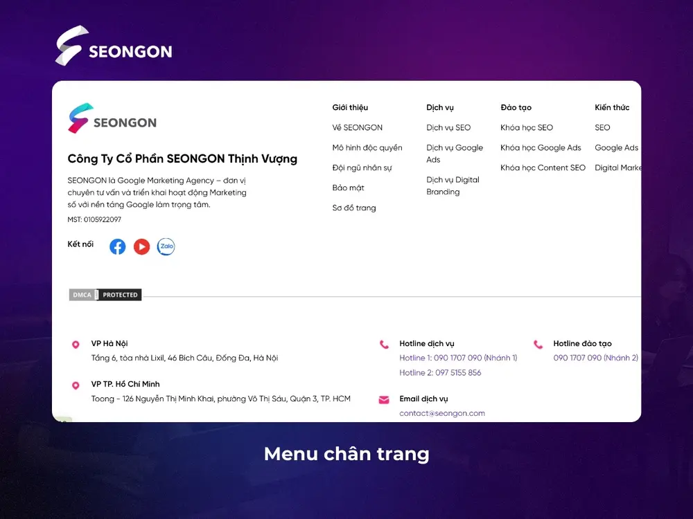 Menu chân trang nằm ở cuối mỗi trang web