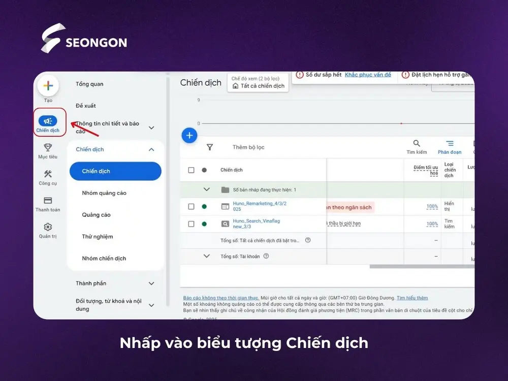 Nhấp chọn Campaigns (Chiến dịch) trong tài khoản