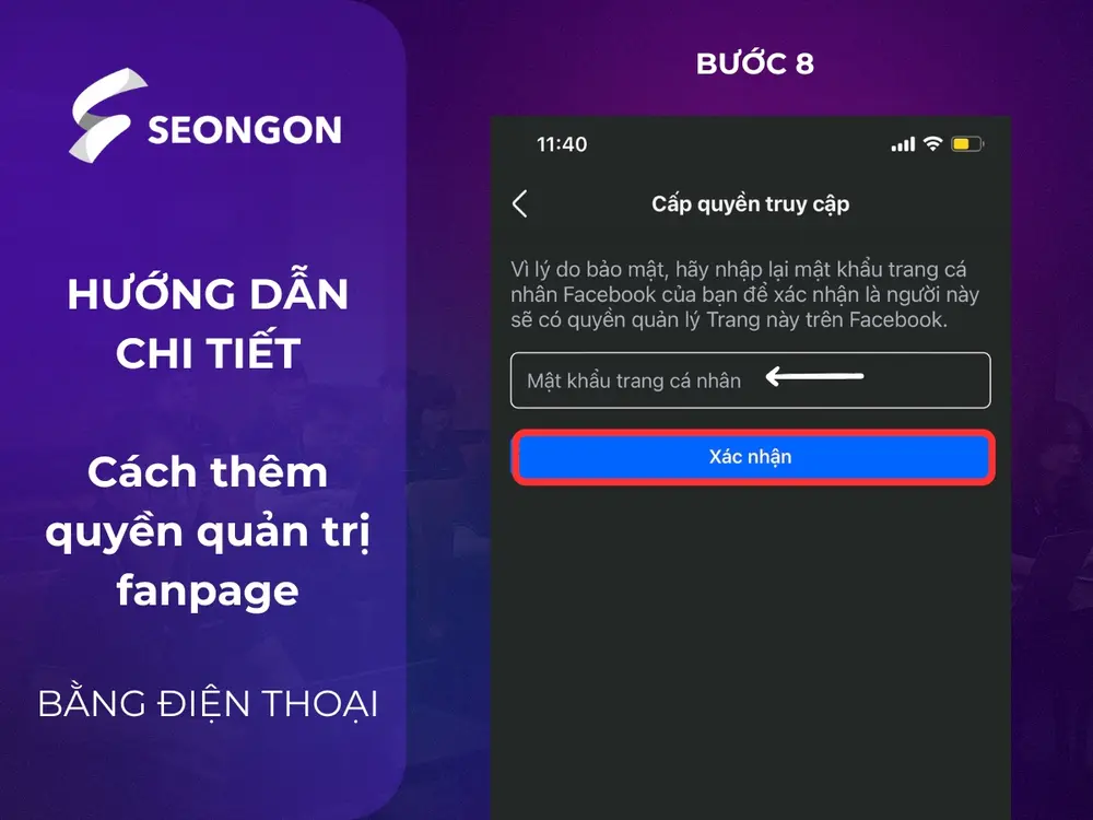 Nhập mật khẩu để xác nhận cấp quyền truy cập fanpage