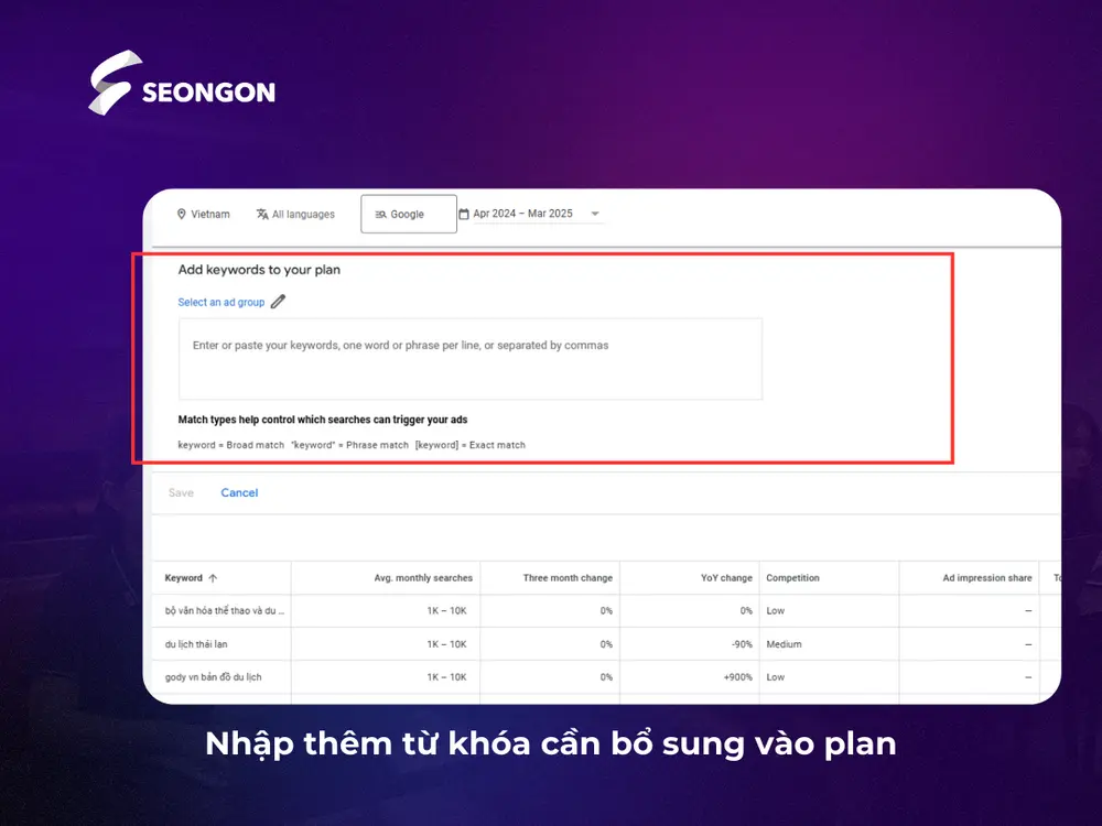 Nhập thêm từ khóa và chọn thêm vào kế hoạch